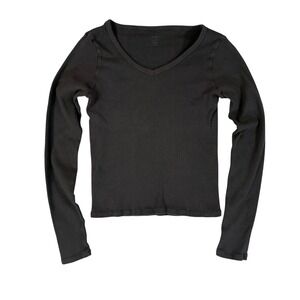 Brandy Melville John Galt Black Ribbed Long Sleeve V Neck Top One Size Y2K 90s